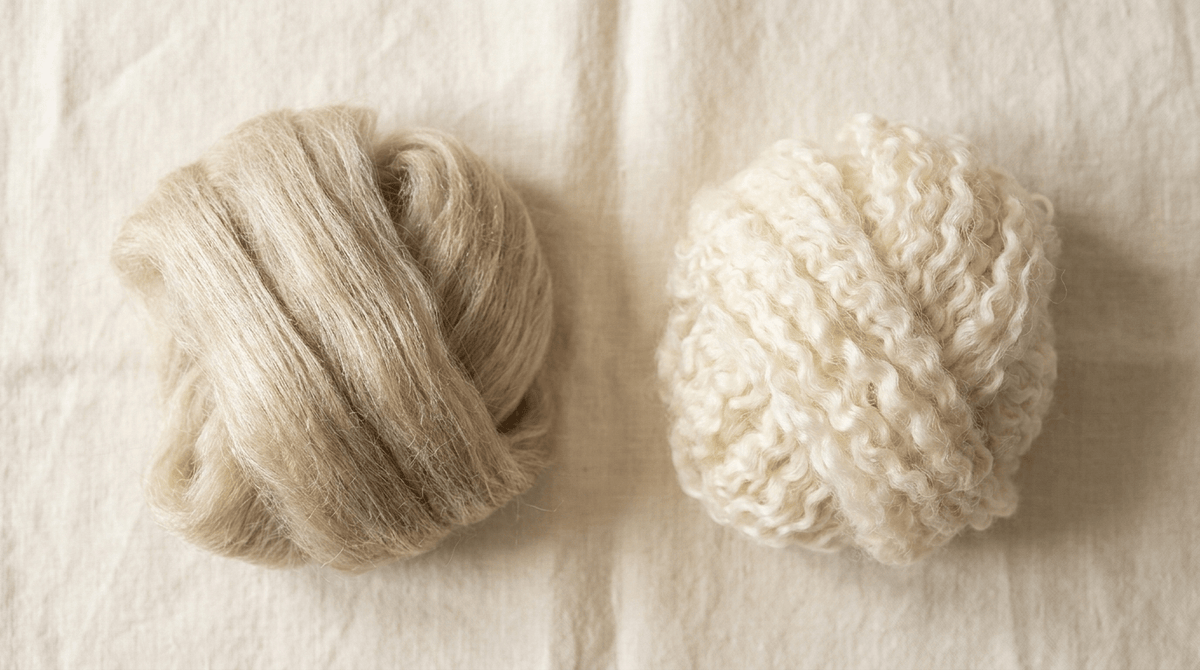 Alpaca fleece beside merino wool fleece — the smooth, straight, long-stapled alpaca fiber next to the tightly crimped merino fiber