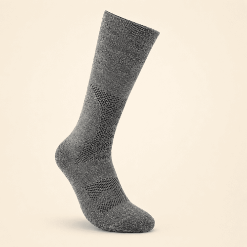 Grey alpaca trail crew hiking socks laid flat