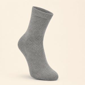 Alpaca Crew Socks in heather gray, packshot on cream background