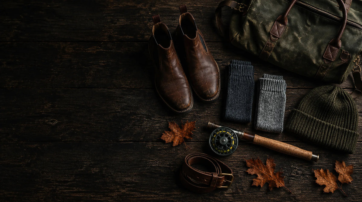 Alpaca socks, leather boots and autumn gear laid out on weathered wood