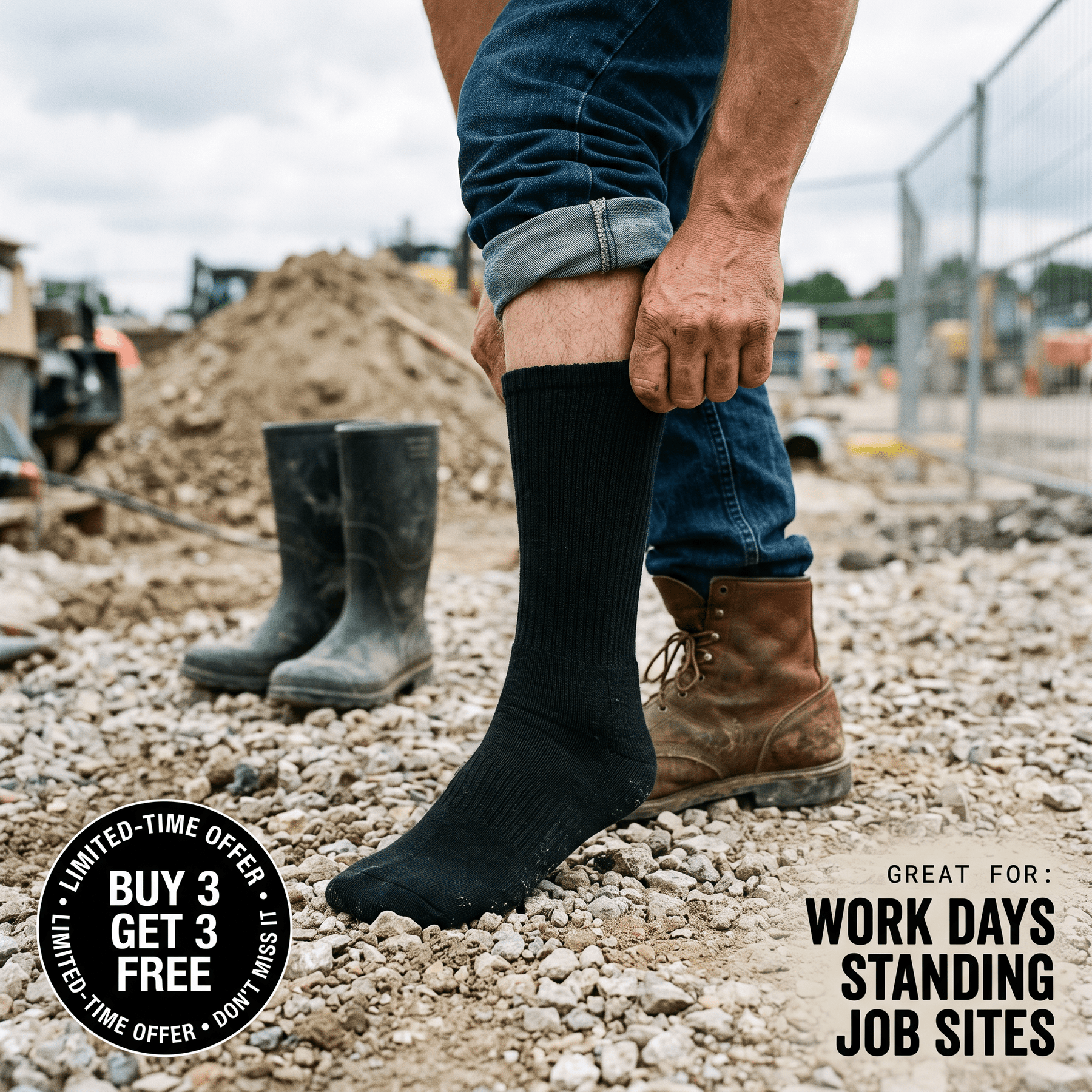 Construction worker pulling up black alpaca work sock at job site
