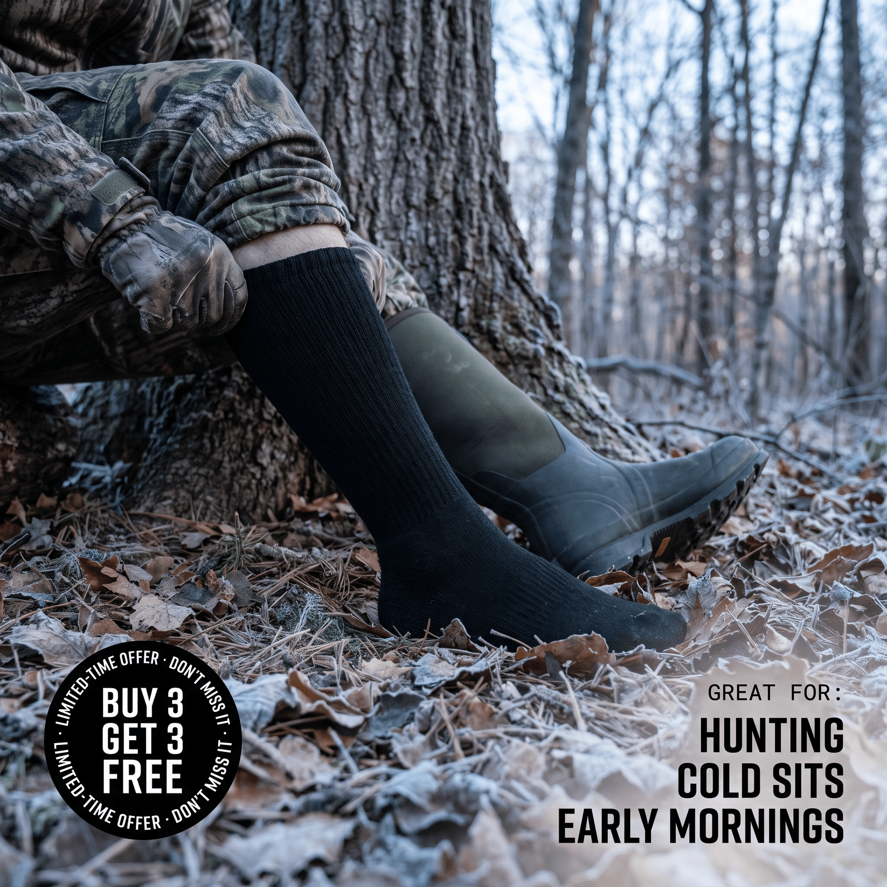 Hunter at dawn pulling up black over the calf alpaca hunting sock