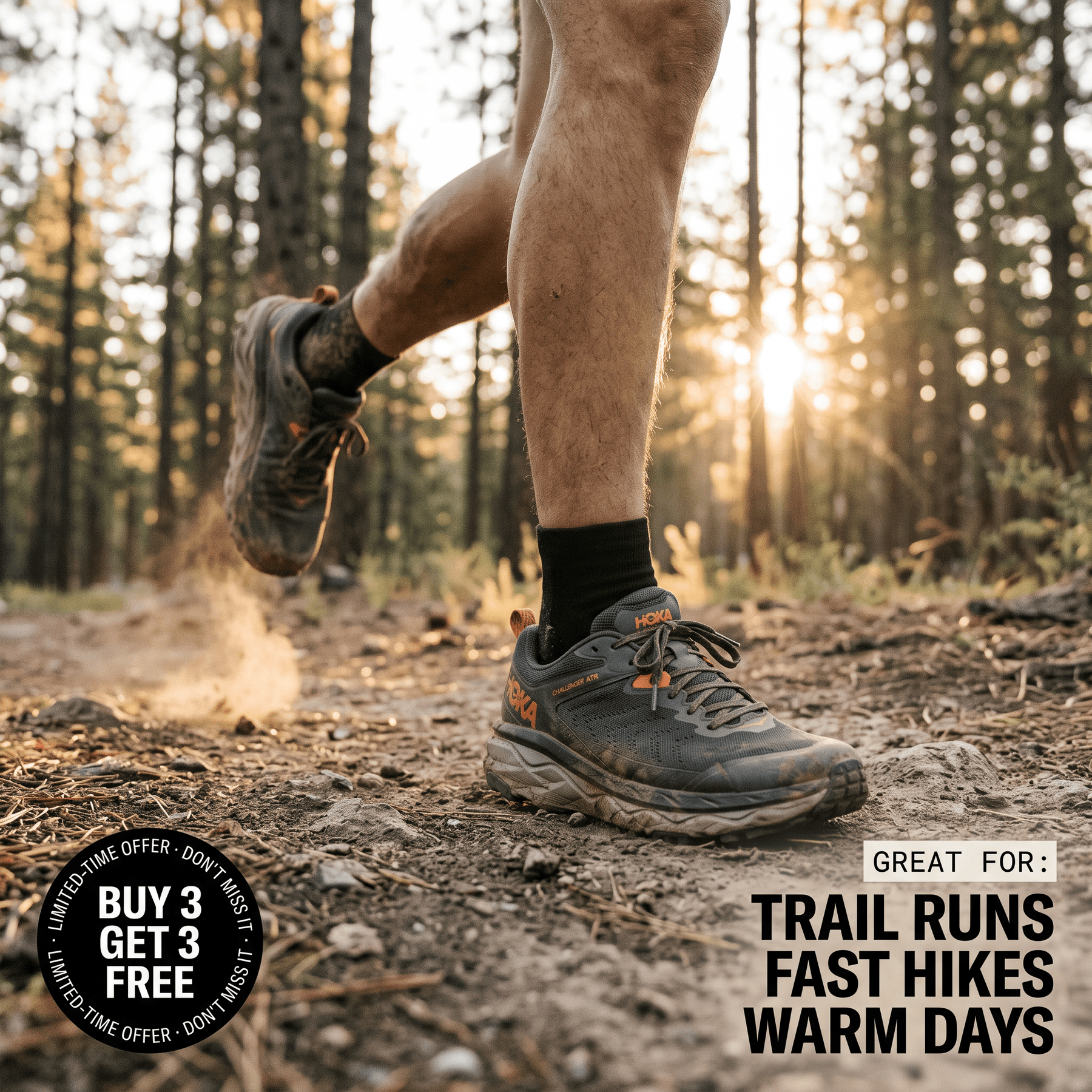 Trail runner mid-stride wearing black alpaca trail ankle socks