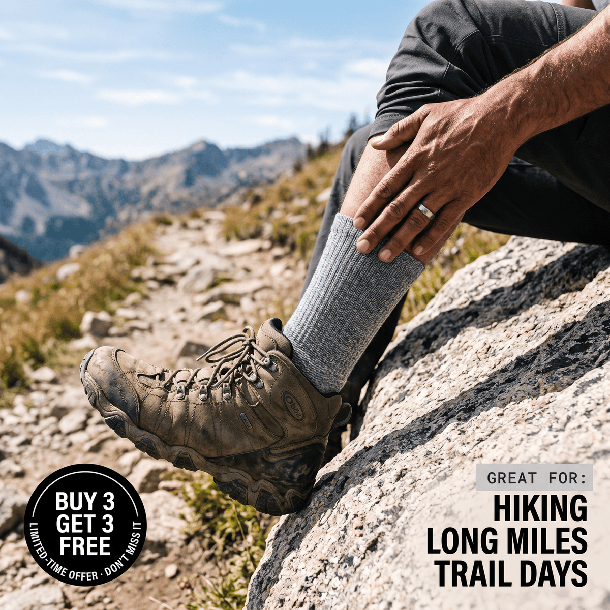 Hiker on mountain trail wearing gray alpaca hiking socks