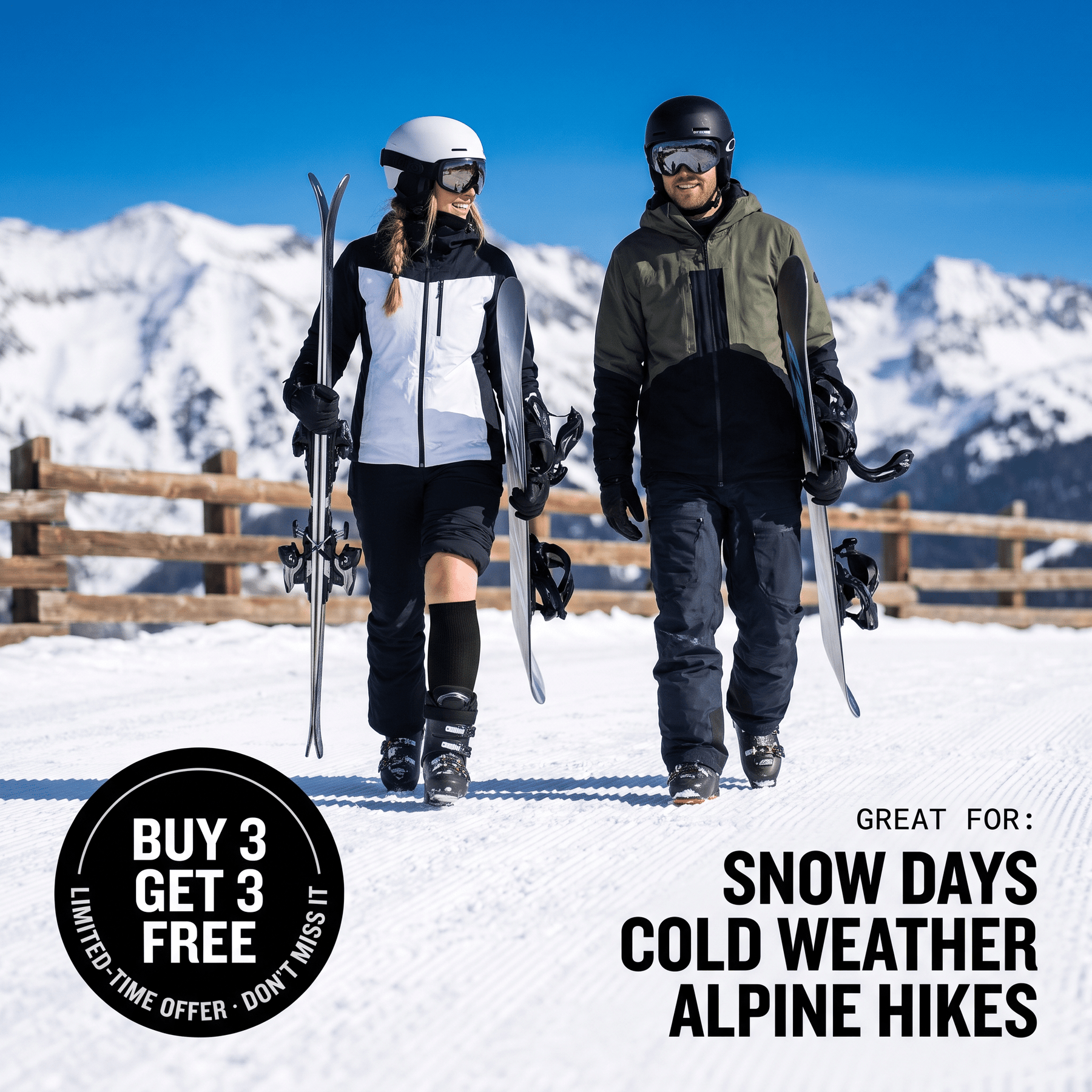 Skiers on snow wearing black over the calf alpaca ski socks