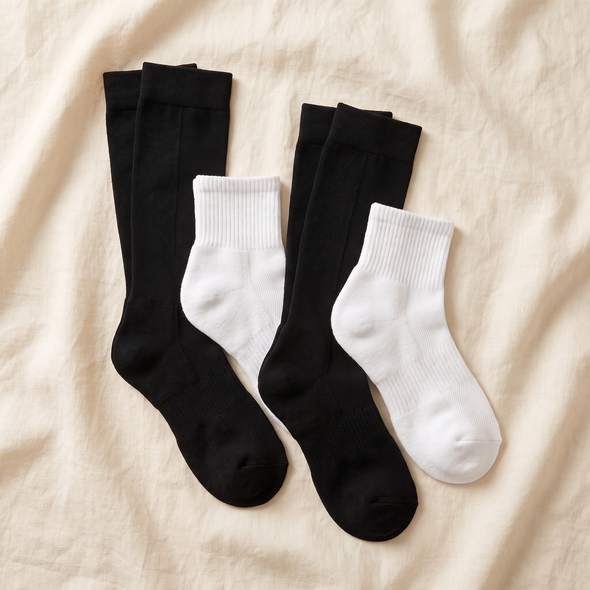 Compression Bundle flat lay - 2 knee-high and 2 ankle pairs folded on cream linen