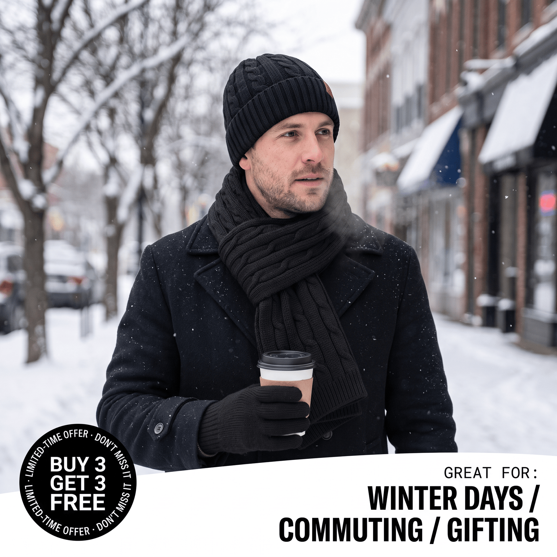 Man on a snowy street wearing the alpaca beanie, scarf and gloves