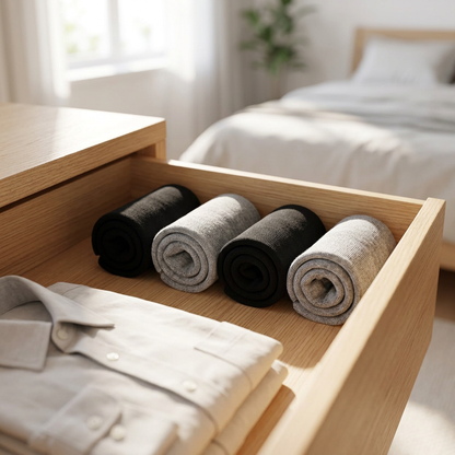 Crew Bundle rolled inside an open dresser drawer - four pairs of everyday alpaca crew socks