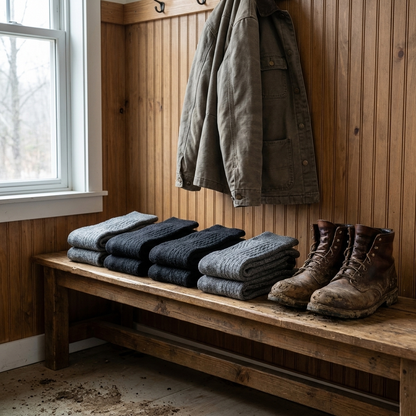 Boot Bundle on a mudroom bench beside muddy work boots - four pairs of alpaca boot socks