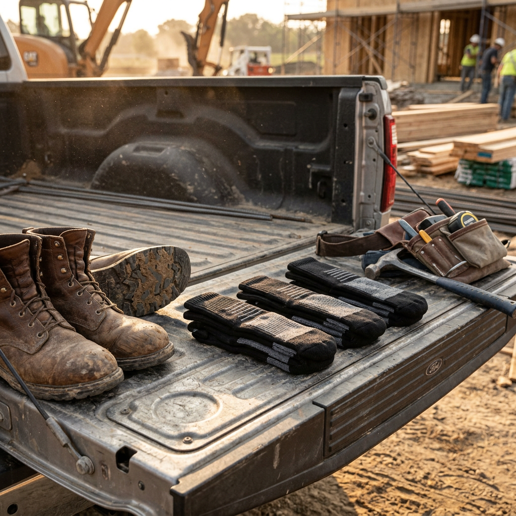 Work Bundle on a truck tailgate at a job site - four pairs beside work boots and a tool belt