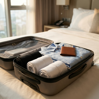 Compression Bundle packed in a carry-on suitcase - four pairs rolled beside a passport
